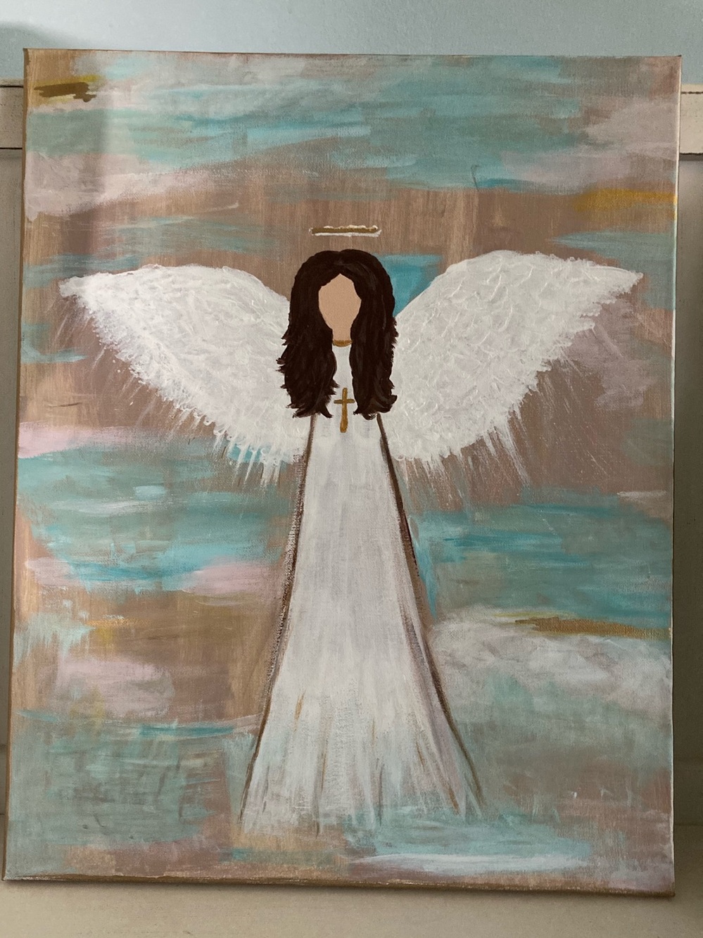 Angel painting original art work acrylic painting 20x12 wall hanging gold accent